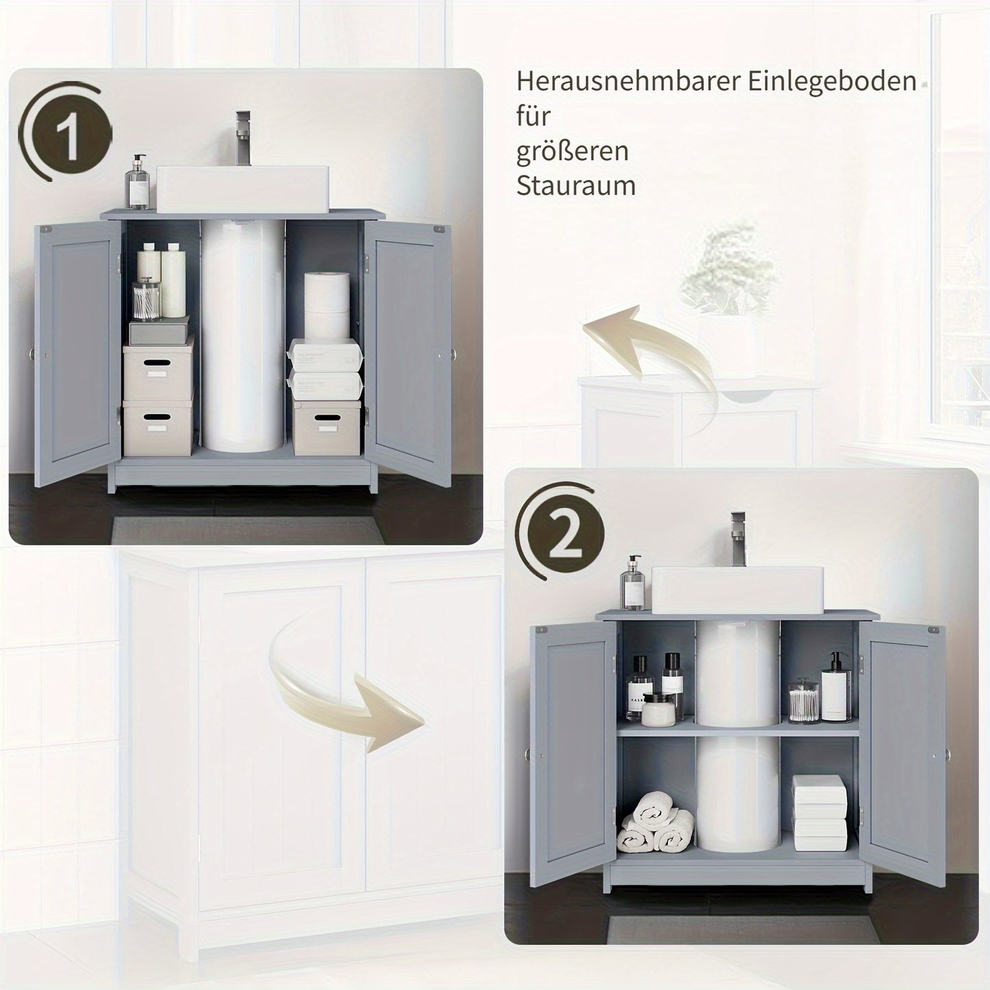 1 Stück Waschtischschrank, Doppelte Tür Badezimmer Schrank, Weißer MDF Waschbecken-Schrank 60 x 60 x 30 cm, Landhausstil