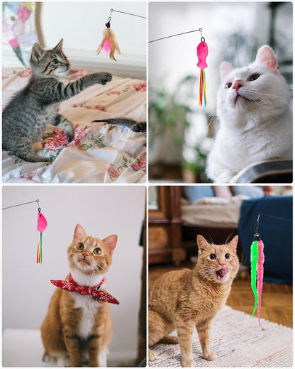 Kätzchen, 16er-Pack, Katzenzubehör, 2 ausziehbare Fischwurfstangen und 14 Ersatzteile mit Glocken/Insekten/Maus, Katzenzubehör, Katzeninteraktives Spielzeug, Katzen-Geschenke