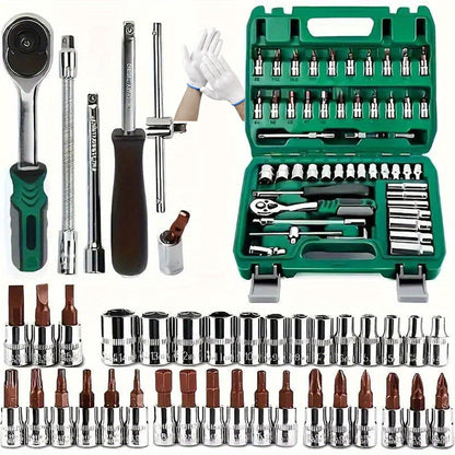 Premium 54-teiliges Mechaniker-Werkzeugset, inklusive 1/2", 1/4"  3/8" Antriebstiefen, Standard-Steckschlüssel, Ratsche, Drehmomentschlüssel  Werkzeugkits für Autoreparaturen  Haushaltsmechanik