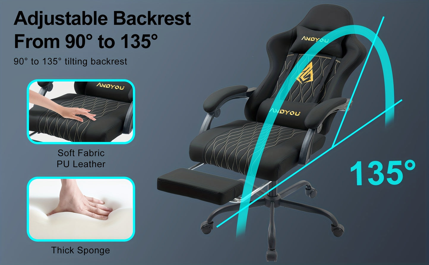 Andyou Gaming-Stuhl mit Fußhocker, ergonomisch gestaltet, aus langlebigem PU-Leder gefertigt