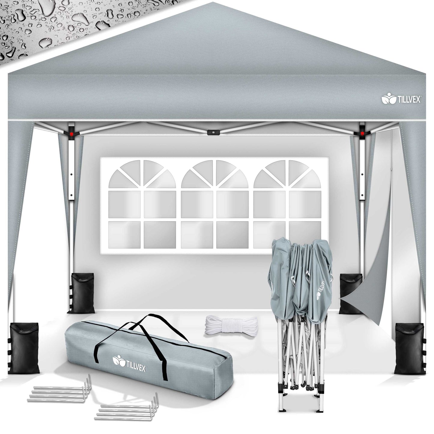 tillvex® Pavillon 3x3m Faltbar + 4er Set Sandsäcke | Pop-Up Faltpavillon Wasserdicht Stabil & Höhenverstellbar | Gartenzelt UV Schutz 50+ | Partyzelt Winterfest mit Tasche für Draußen Garten Camping