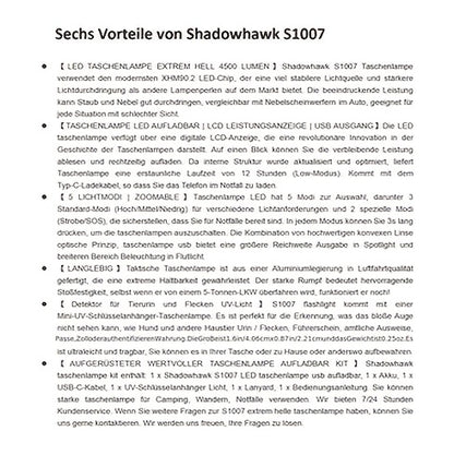 Shadowhawk Taschenlampe LED Wiederaufladbar, LED Taschenlampe Extrem Hell XHM90.2 Taschenlampen USB, 5000mAh, Starke Taktische Taschenlampe Batteriebetrieben, Super Taschenlampe für Notfälle im Freien