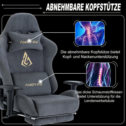 ANDYOU Gaming Stuhl, Atmungsaktiver Bürostuhl, Hochwertiger Stoff Weich Wie Kunstfell. Ergonomischer PC Stuhl, Verstellbare Drehbare Arbeitssessel mit Fußstütze