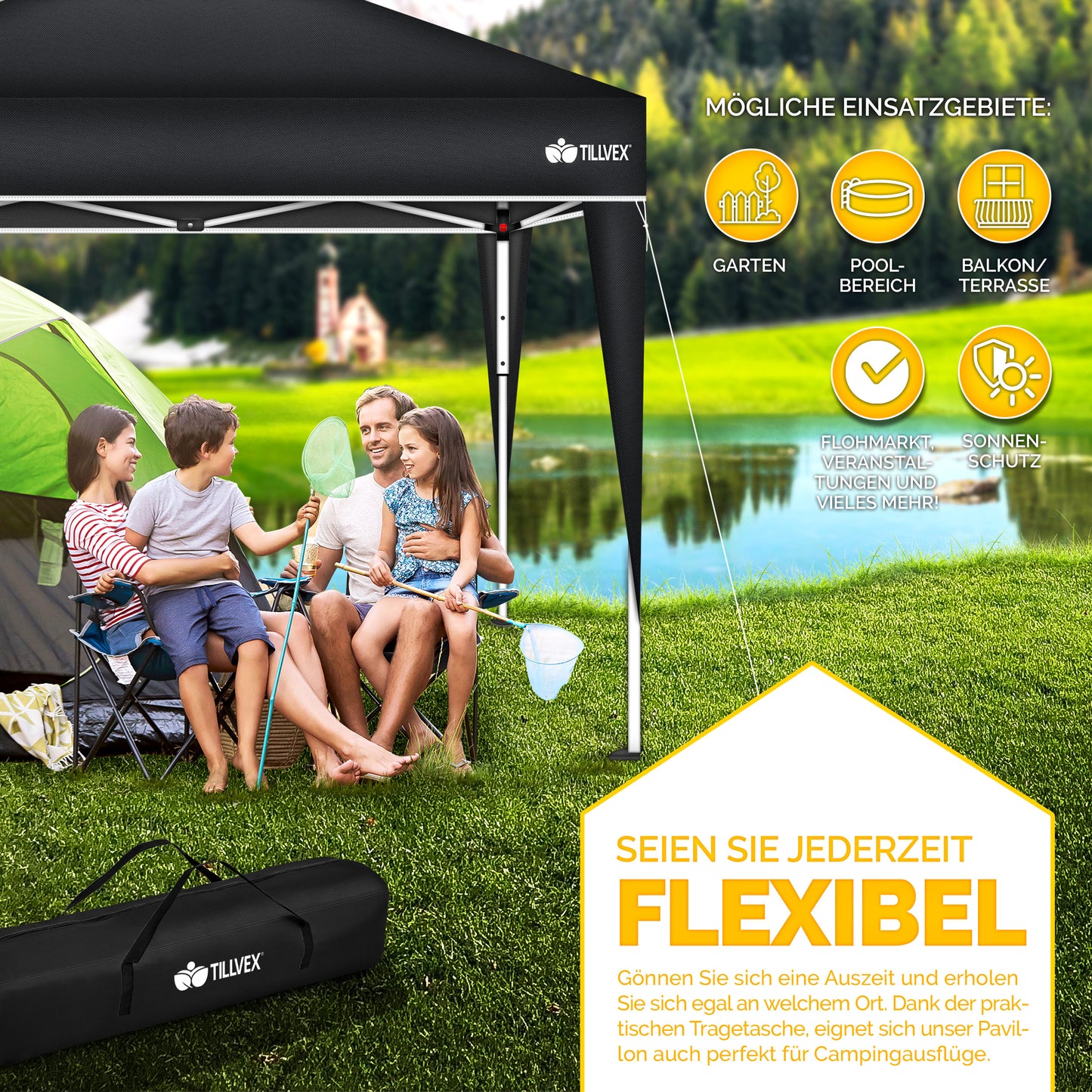 tillvex® Pavillon 3x3m Faltbar + 4er Set Sandsäcke | Pop-Up Faltpavillon Wasserdicht Stabil & Höhenverstellbar | Gartenzelt UV Schutz 50+ | Partyzelt Winterfest mit Tasche für Draußen Garten Camping