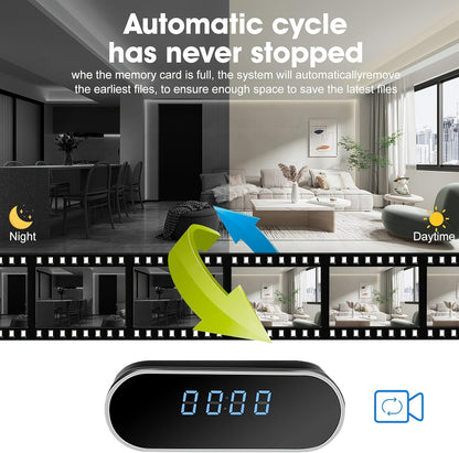 für Zuhause HD Kompakt Kamera Uhr, 1080P Drahtlose Kamera, kompakte Überwachungskamera, Nachtsicht, Bewegungserkennung, Fernansicht über App, Benachrichtigungs-Push, Eingebauter 2600mAh Akku, 110° Weitwinkel, für Zuhause/Büro/Lager. Smart Home Schutz