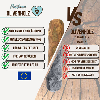 PetLove Olivenholz 2er-Pack – Naturkauholz für Hunde mit Olivenöl oder Lachsöl, in den Größen S, M und L. Langlebig und ideal zur Zahnreinigung. Fördert gesunde Zähne, kräftige Kaumuskeln und sorgt für langanhaltende Beschäftigung bei kleinen, mittleren u