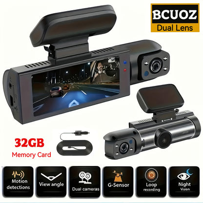 BCUOZ Dual Kamera Dashcam für Autos, 1080P Front und 720P Innenansicht, Auto Kamera mit IR Nachtsicht, Loop-Aufnahme, Weitwinkel Auto DVR Kamera, 8.03 cm IPS Bildschirm, Dual-Objektiv Auto Armaturenbrett Video Kamera, Optional ohne Karte/32GB Speicherkart