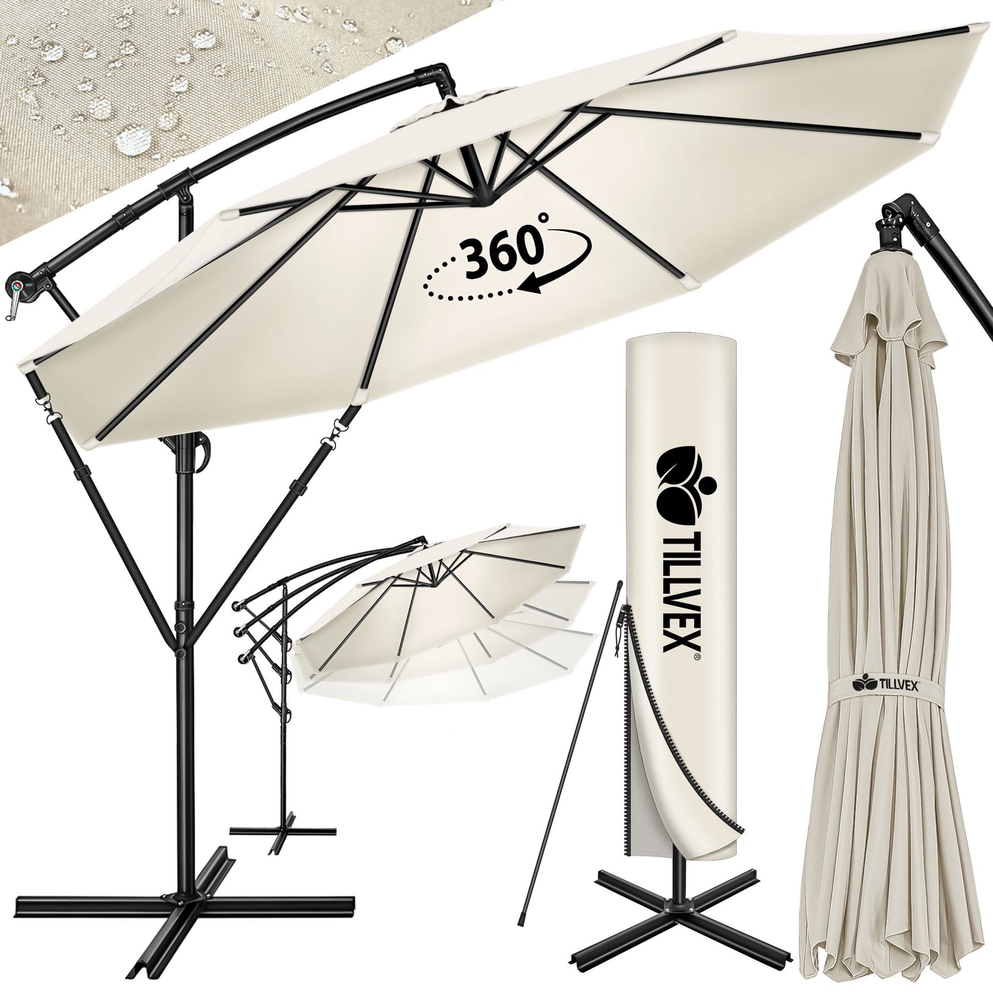 tillvex® Sonnenschirm Alu + Abdeckung + Windschutz Ø 300 cm mit Kurbel Ampelschirm Groß mit Ständer & Windschutz Gartenschirm UV-Schutz Aluminium Kurbelschirm Marktschirm wasserdicht 360° drehbar Terrasse Garten Balkon