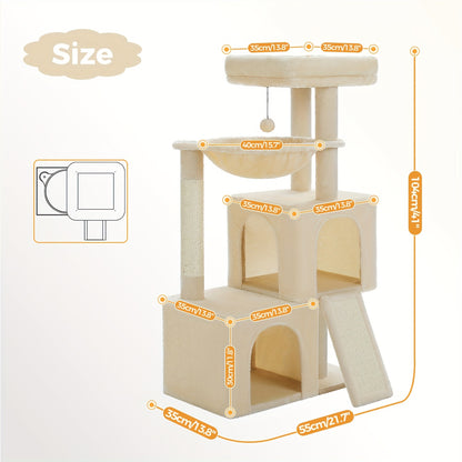 PAWZ ROAD Kratzbaum für Hauskatzen 104cm mit 2 Geräumigen Höhlen, Katzenhaus mit Bequemer Hängematte, Gepolsterter Sitzstange und Abnehmbarem Spielball