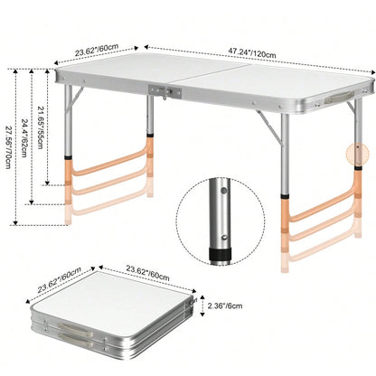 Campingtisch Klappbarer Aluminium Klapptisch, Leichter Gartentisch & Balkontisch, 3-fach Höhenverstellbar, Höhenverstellbarer, Tragbar, Faltbar, Picknicktisch, Campingtisch, Outdoor Tisch Weiß, 120 x 60 x 70/62/55 cm für Garten, Outdoor, Picknick, Camping