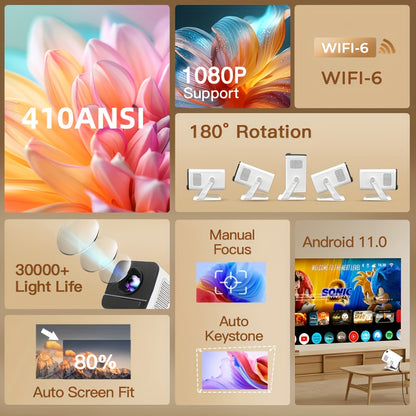 [Ultra Short Throw/Integrierte Apps] Mini-Beamer mit WLAN 6 und BT5.4, 400 ANSI 4K Unterstützung, Lokales 720P Heimkino, Auto Keystone, Android 11, Filmprojektor für Schlafzimmer, Innenbereich
