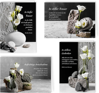8 Trauerkarten Beileidskarten Trauer mit Text und Umschlag Beileid Klappkarten mit Spruch Beerdigung Anteilnahme stilvoll weiße zarte Blume und Stein Kondolenz Kondolenzkarten zum Abschied