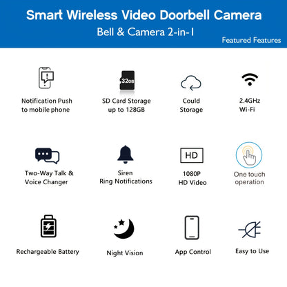 Kabellose Wi-Fi Video Türklingel Kamera, Video Türklingel Kamera Innen/Aussen, KI Menschliche Erkennung und Sofortbenachrichtigungen, 1080P HD Nachtsicht, 2-Wege-Audio, Echtzeit Innenraumüberwachung, USB-betrieben, Lange Akkulaufzeit, Perfekt für Zuhause
