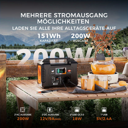 200W Tragbares Stromaggregat, 40800mAh Solargenerator, Ausgestattet mit 230V-AC-Steckdose/2 DC-Anschlüssen/3 USB-Anschlüssen, Notstrom-Akku-Netzteil, Unverzichtbar für Camping im Freien/CPAP-Abenteuer im Freien/Wohnmobilreisen/Notfälle