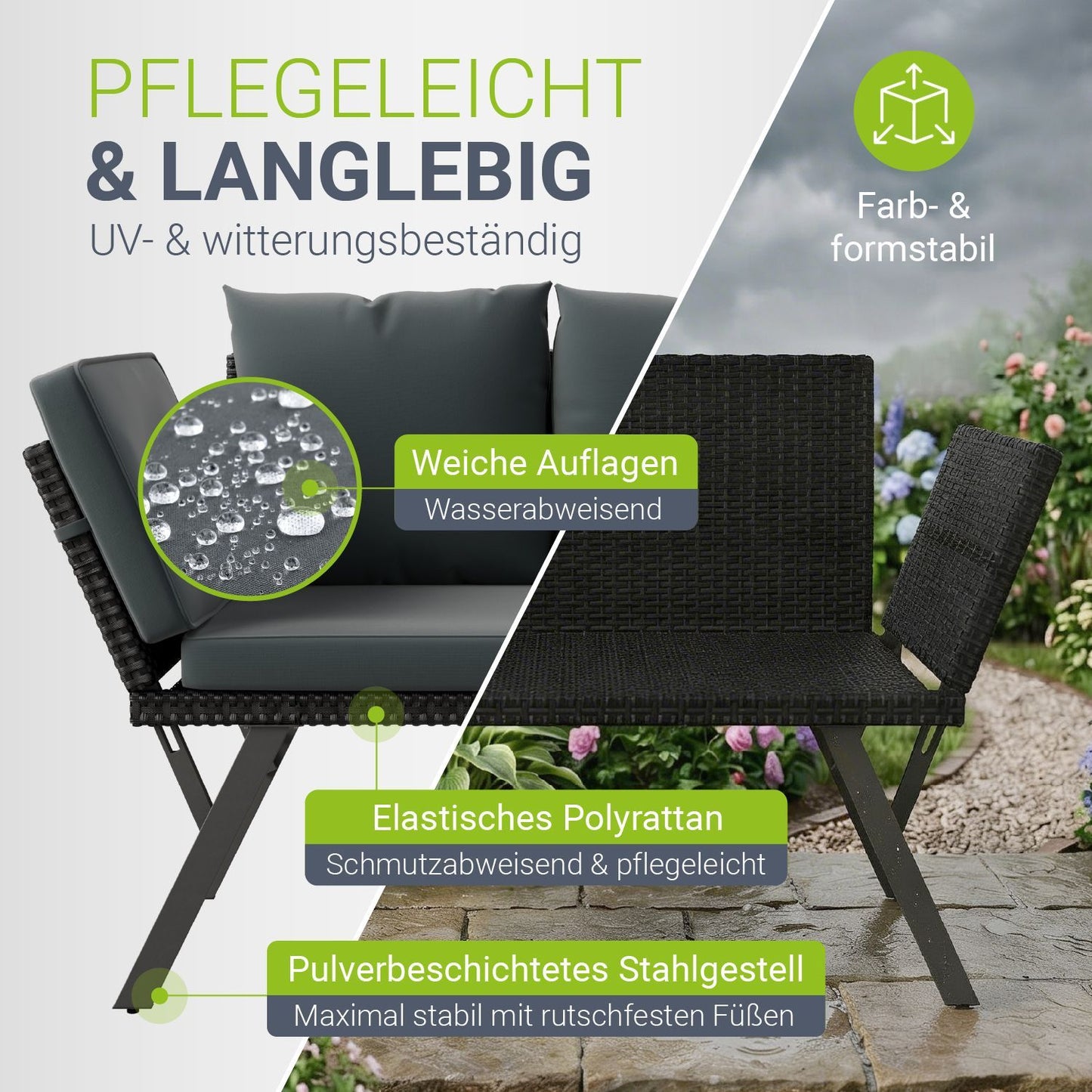 Multifunktionsbank Calvia Schwarz/Grau/Creme - klappbare Sonnenliege mit wetterfestem Polyrattan, Gartenbank mit 240 kg Belastbarkeit