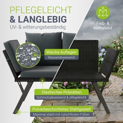 Multifunktionsbank Calvia Schwarz/Grau/Creme - klappbare Sonnenliege mit wetterfestem Polyrattan, Gartenbank mit 240 kg Belastbarkeit