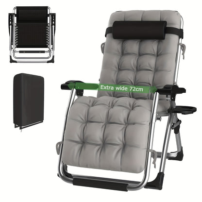 Übergroßer Schwerkraftloser Liegestuhl, 72 cm extra breit, klappbarer & verstellbarer Liegesessel, Tragkraft 500 lbs/200 kg, abnehmbares weiches Baumwollkissen mit Kopfstütze, Getränkehalter, Schwarz-Grau, für Garten, Terrasse, Balkon, Außenbereich
