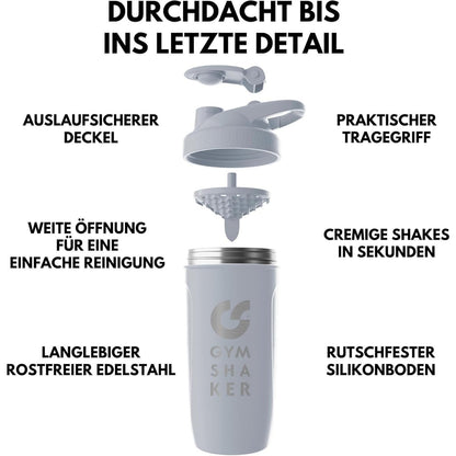 GYMSHAKER Edelstahl Protein Shaker 900ml - Geruchsfrei & hygienisch mit Waben-Sieb für cremige Shakes, auslaufsicherer Klappdeckel (Skala bis 700ml)