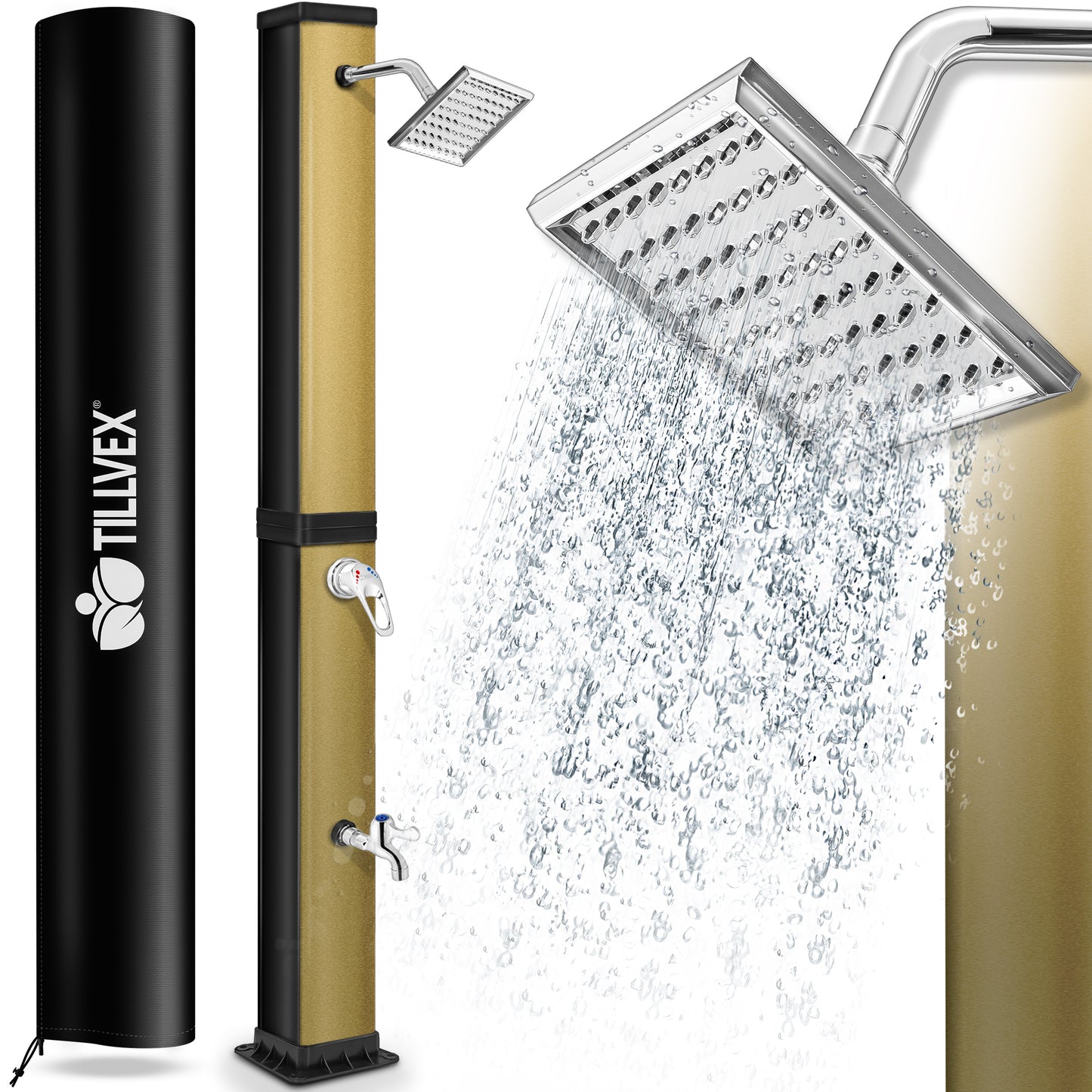 tillvex® Solardusche 20 - 60 Liter inkl. Abdeckung Solar Gartendusche Solar für draußen Pooldusche Komplettset warmes Wasser Camping ohne Stromanschluss mit Wasserhahn Gartenschlauch-Anschluss