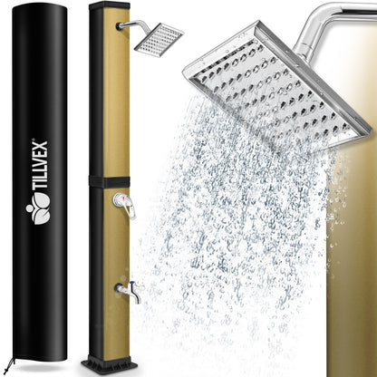 tillvex® Solardusche 20 - 60 Liter inkl. Abdeckung Solar Gartendusche Solar für draußen Pooldusche Komplettset warmes Wasser Camping ohne Stromanschluss mit Wasserhahn Gartenschlauch-Anschluss