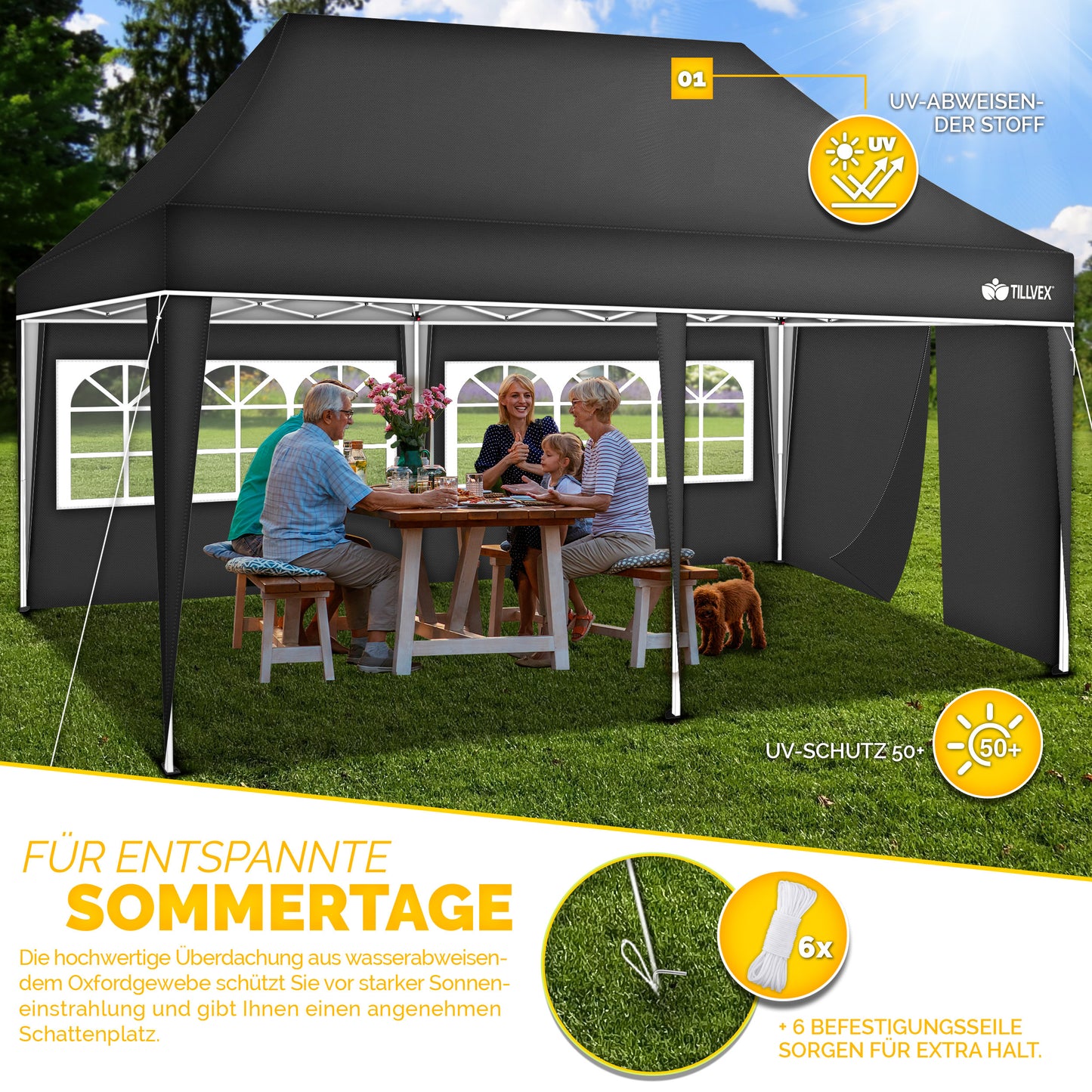 tillvex® Pavillon 3x6m Faltbar + 6x Sandsäcke | Pop-Up Faltpavillon Höhenverstellbar, Winterfest | Gartenzelt Stabil mit und ohne Seitenwänden UV Schutz 50+ | Partyzelt Wasserdicht mit Tasche für Garten