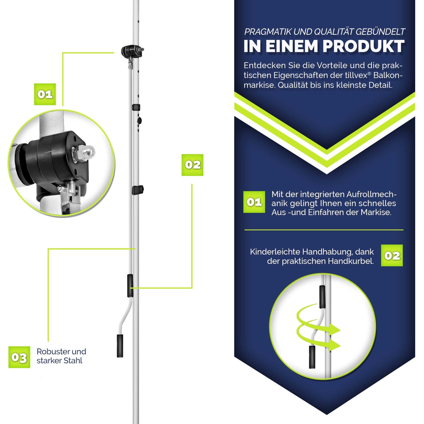 tillvex® Klemmmarkise Balkon mit Handkurbel | Balkonmarkise ohne Bohren | Markise UV-beständig & höhenverstellbar | Sonnenschutz Terrasse Wasserfest