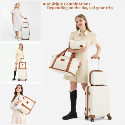4er/2er Set 51,5 cm (20 Zoll) KONO Creme Weiß Grau Schwarz Koffer, Camping ABS Hartschalen-Trolley mit TSA-Schloss, 4 Spinner-Räder, Reisekoffer, Black Friday Thanksgiving Weihnachtsgeschenk