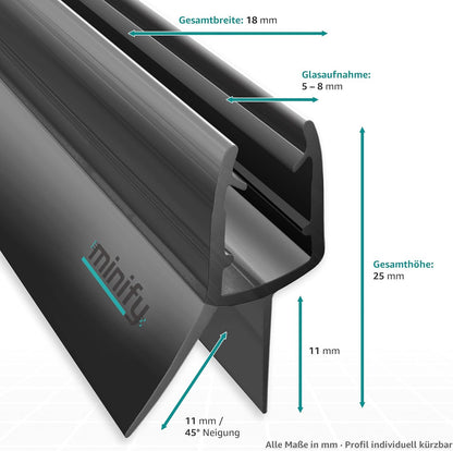 Schwarze Duschdichtung für Glastüren (5-8mm) – Dichtung Dusche Glastür Transparentes U-Profil mit Milchglas-Dichtlippen