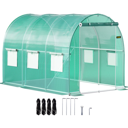 VEVOR Walk-in Tunnel Gewächshaus, 10 x 7 x 7 Fuß tragbares Pflanzenhaus mit galvanisierten Stahlbügeln, 1 Oberbalken, schrägen Pfählen, Reißverschluss-Tür und 6 ausrollbaren Fenstern, grün