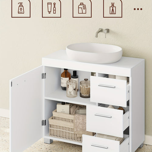 Unterschrank, Badezimmerschrank mit 3 Schubladen, 2 Fächern hinter der Tür, 30 x 70 x 64 cm