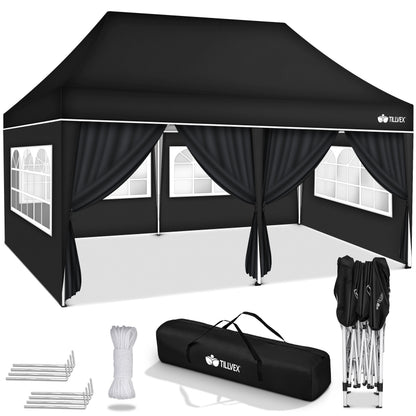 tillvex® Pavillon 3x6m Faltbar + 6x Sandsäcke | Pop-Up Faltpavillon Höhenverstellbar, Winterfest | Gartenzelt Stabil mit und ohne Seitenwänden UV Schutz 50+ | Partyzelt Wasserdicht mit Tasche für Garten