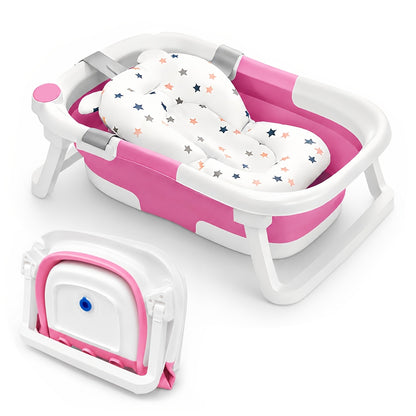 Cochildor Klappbare Babybadewanne mit weichem Kissen & rutschfester Matte – Tragbare zusammenklappbare Badewanne für Säuglinge 0-12 Monate, Badewanne (60,5x43x20,5cm), reisefreundliches Badebecken (Rosa/Grau)