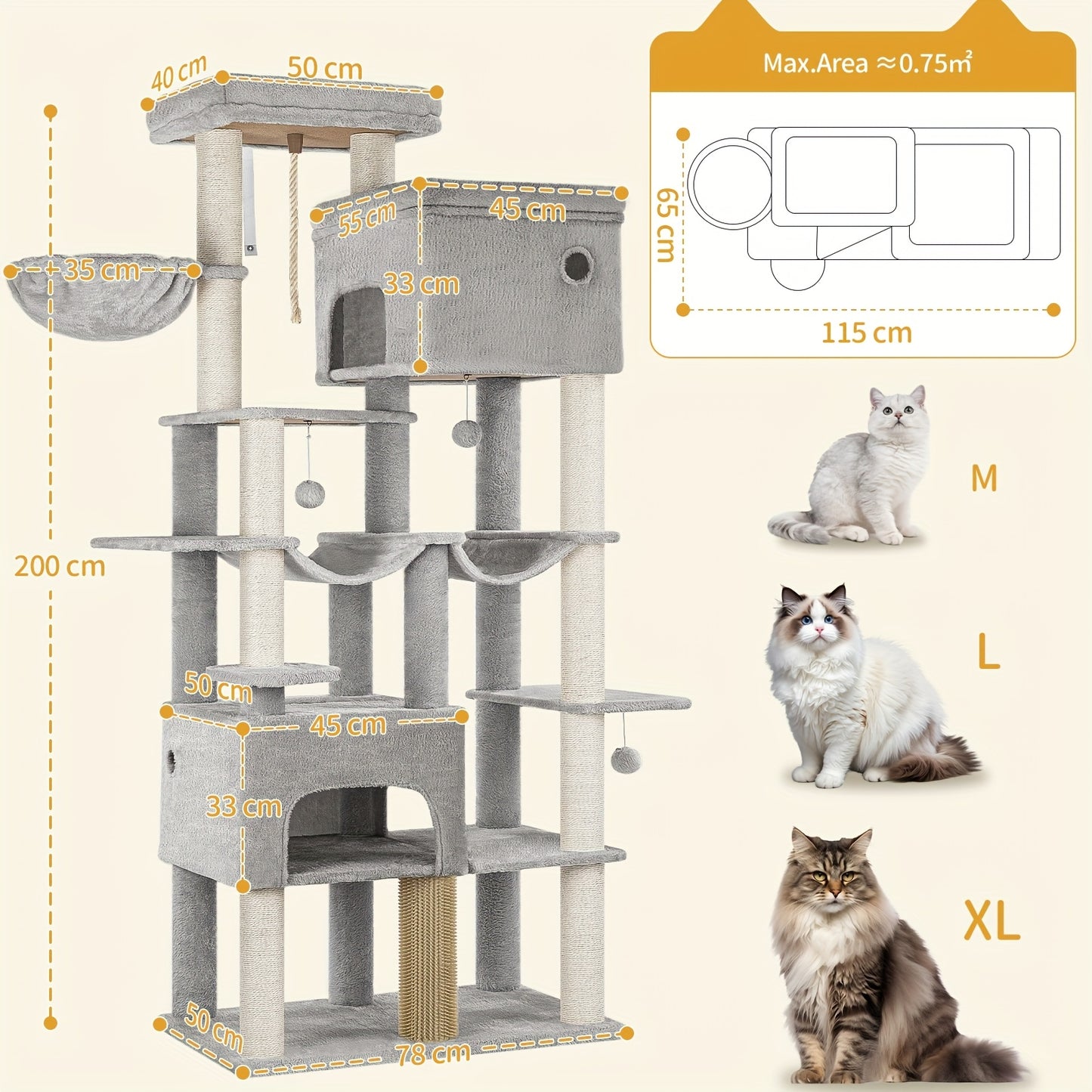 Kratzbaum, 200cm XXL Kratzbaum mit 10 Krallensäulen, 2 Höhlen, 2 Hängematten, großer Plattform, Katzenbürsten, Korb, schwerer Baum für Maine Coon  Großkatzen, Hellgrau/Dunkelgrau/Beige
