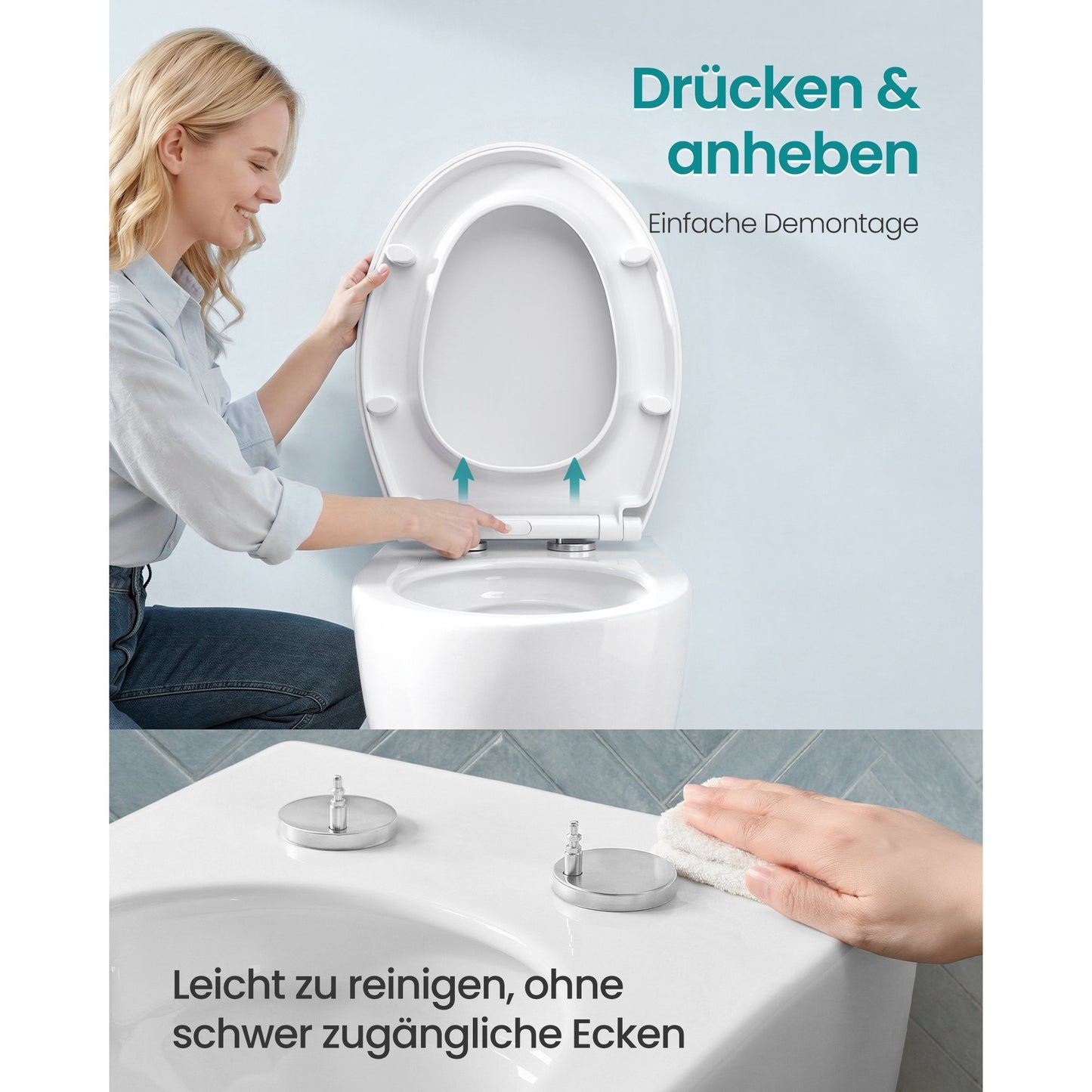 WC-Sitz O-Form, Absenkautomatik, Toilettendeckel, Griff, PP-Kunststoff, einfache Montage, bis 300 kg, weiß