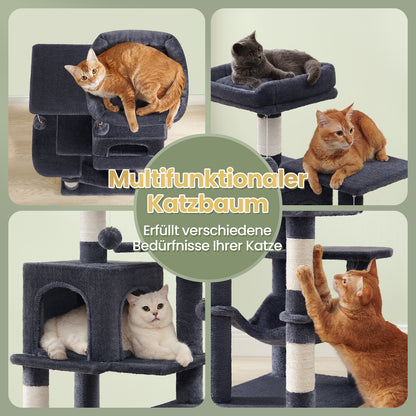 Katzenklettergerüst 112 cm hoch，Kratzbaum，mehrstöckiger Katzenbaum mit Höhle Schlafnest Plüschspielzeug , mehrstöckiges Katzenhaus mit 4 Kratzsäulen, 2 Plattformen, Hängematte,Stabiles Und Langlebiges ,für Wohnungskatzen Und Kätzchen
