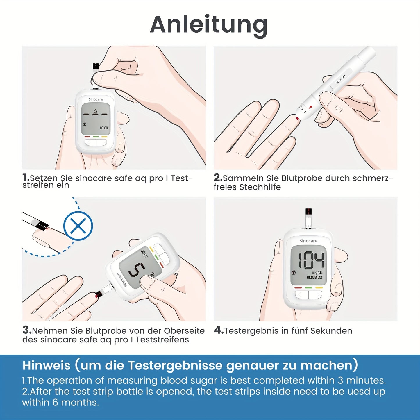 Sinocare Safe AQ Pro I Blutzuckermessgerät-Kit oder Teststreifen. 50er-Kit: 50 Streifen + 50 Lanzetten. Präziser Test, 5-Sekunden-Ergebnisse. Großes LCD, Blutketon-Alarm. Deutsches Handbuch, mg/dl. 50/100/200 Streifen: Nur Streifen + Lanzetten, kein Messg