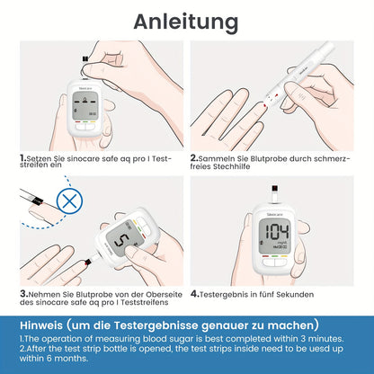 Sinocare Safe AQ Pro I Blutzuckermessgerät-Kit oder Teststreifen. 50er-Kit: 50 Streifen + 50 Lanzetten. Präziser Test, 5-Sekunden-Ergebnisse. Großes LCD, Blutketon-Alarm. Deutsches Handbuch, mg/dl. 50/100/200 Streifen: Nur Streifen + Lanzetten, kein Messg