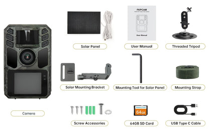WLAN-Wildkamera Solar-Wildkamera – Wiederaufladbare Wildkamera mit eingebautem 5000-mAh-Akku – 4K 64MP Jagdkamera mit Nachtsicht für Wildtierüberwachung, bewegungsaktiviert, 0,2-s Auslöser, IP67