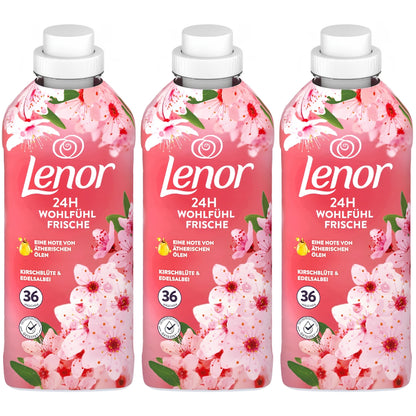 Lenor Weichspüler Kirschblüte & Edelsalbei | 3er Set | 24H Wohlfühlfrische | Kirschblüte & Edelsalbei | Ätherische Öle