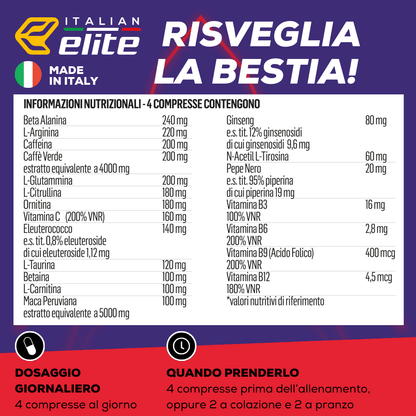 Italian Elite® Energie, Kraft- und Konzentrationsspritzer für das Training - 120 Tabletten mit Beta-Alanin, Arginin, Koffein, Glutamin, Carnitin und Vitaminen