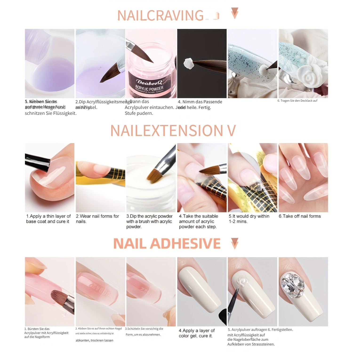 Acryl Nagelset, LED-Beleuchtung für Anfänger mit Nude und Nagelverlängerung – Detailansicht 16