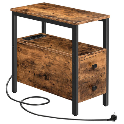 Beistelltisch mit Ladestation, Sofatisch mit 2 Schubladen, USB-Anschluss  Steckdose, Nachttisch für kleine Räume, stabil  robust, für Wohnzimmer, Schlafzimmer, dunkelbraun