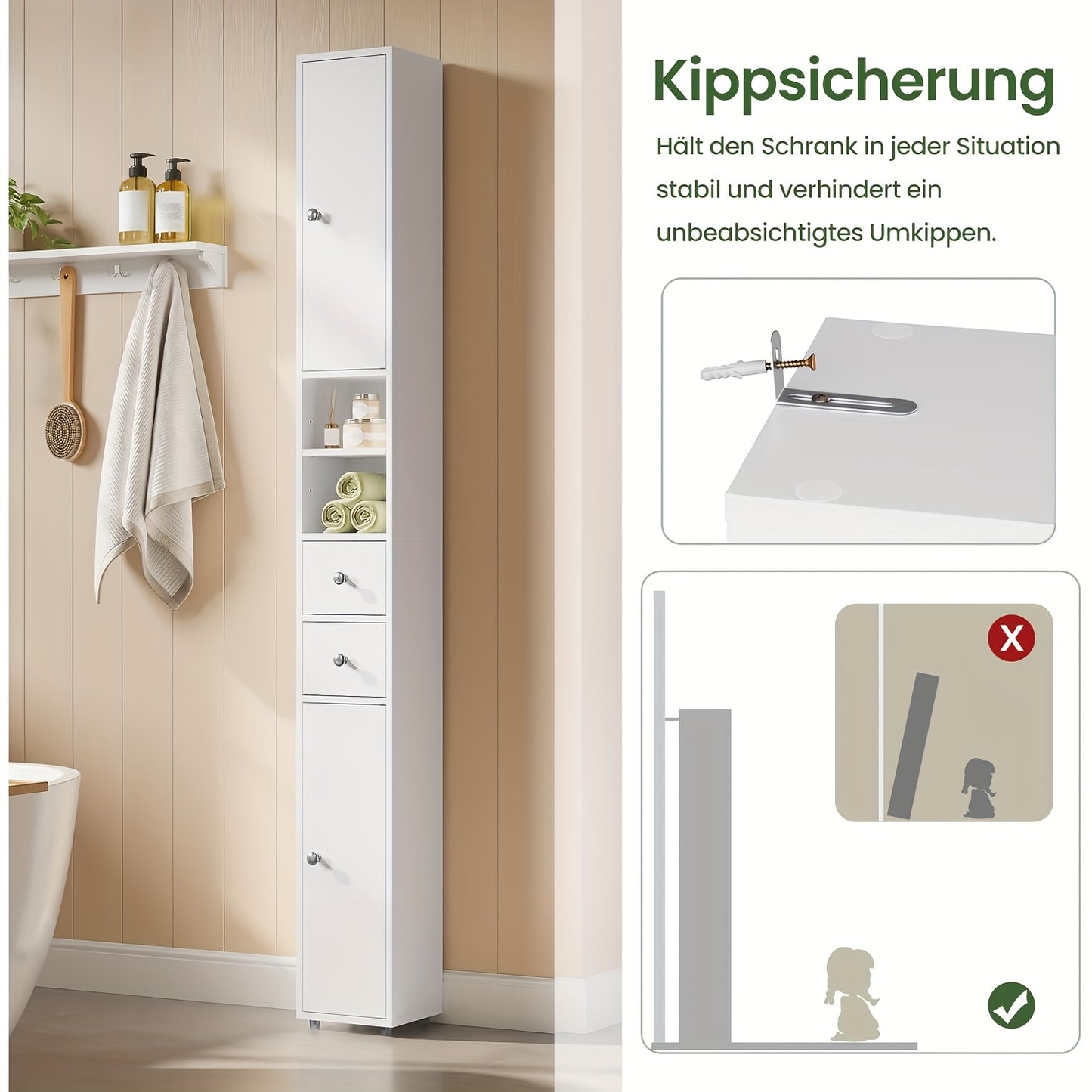 1 Stück Badezimmer-Schrank, schmales, hohes Badezimmer-Schrank mit Schubladen, Badezimmer-Möbel-Fächer, verstellbare Regale, Türen, weiß, MDF, 20 x 180 x 20 cm