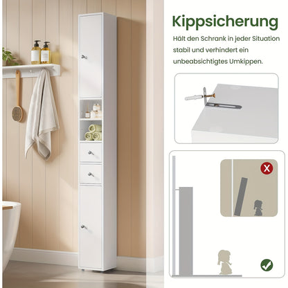 1 Stück Badezimmer-Schrank, schmales, hohes Badezimmer-Schrank mit Schubladen, Badezimmer-Möbel-Fächer, verstellbare Regale, Türen, weiß, MDF, 20 x 180 x 20 cm