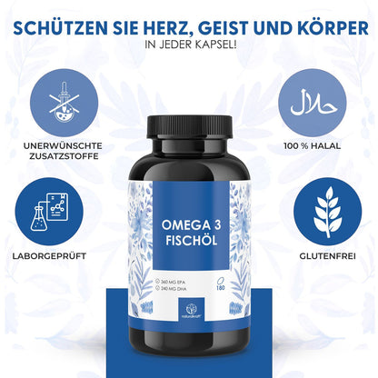 NATURALKRAFT® Premium Omega 3 Fischöl – 2000 mg Fischöl pro Tagesdosis mit 600 mg Omega-3, 360 mg EPA & 240 mg DHA – Hochdosiert, Laborgeprüft und Nachhaltig - 180 Kapseln