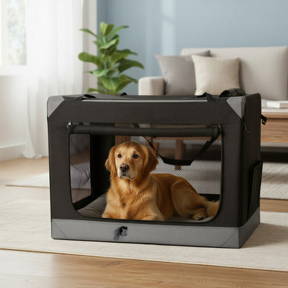 Tragbarer Oxford-Gewebe Haustierkäfig 50-106.7cm Für Katzen / Hunde aller Größen, Metallrahmen,Faltbar Und Praktisch, mit 4 Türen aus Netzstoff, Griffen, Taschen für Futter und Wasserflasche,Ideal Für Reisen Und Outdoor-Aktivitäten，tintenschwarz/schwarz-g