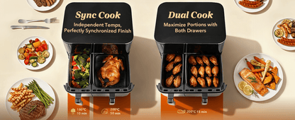 WELLENT Dual Easy Fry Heißluftfritteuse 11 L (7L+4L) - Airfryer mit 2 Kammern, Schublade, 10 Programmen, 2600 W, Extra Crisp Technologie, Spülmaschinenfest