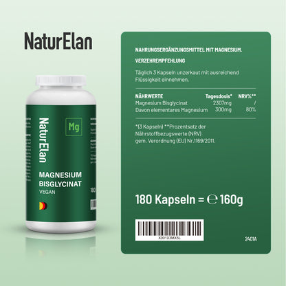 Magnesium Bisglycinat Kapseln – Hoch Bioverfügbar & Gut Verträglich – Für Muskeln, Nerven & Energie, 180 Vegane Kapseln, Made in Germany