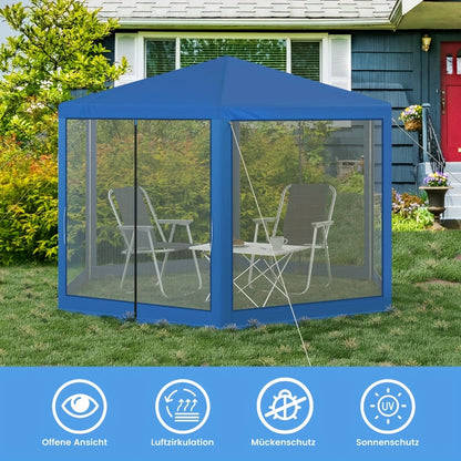 1 Stück Pavillon, 3 x 3 m, Gartenpavillon mit Seitenwand-Moskitonetz, Metall-Gartenhaus-Pavillon, Partyzelt, Strandunterstand, Outdoor-Pergola, Sonnenschutz, UV-Schutz, geräumig, einfach zu montieren, für Garten, Terrasse, Hof, beige, blau