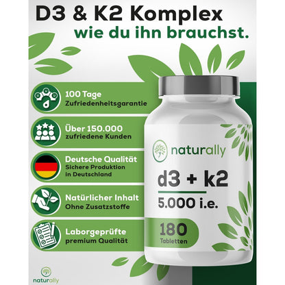 Vitamin D3 K2 Tabletten [180 Stück] – hochdosiert, 5000 I.E. Vitamin D pro Tablette, vegan, ohne Zusätze von naturally